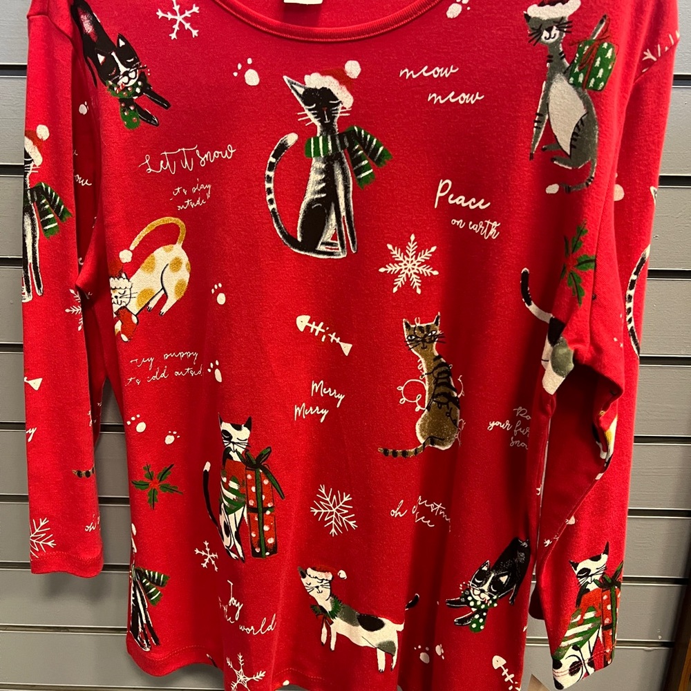 NWT Festive Cat Print Red Women's Top